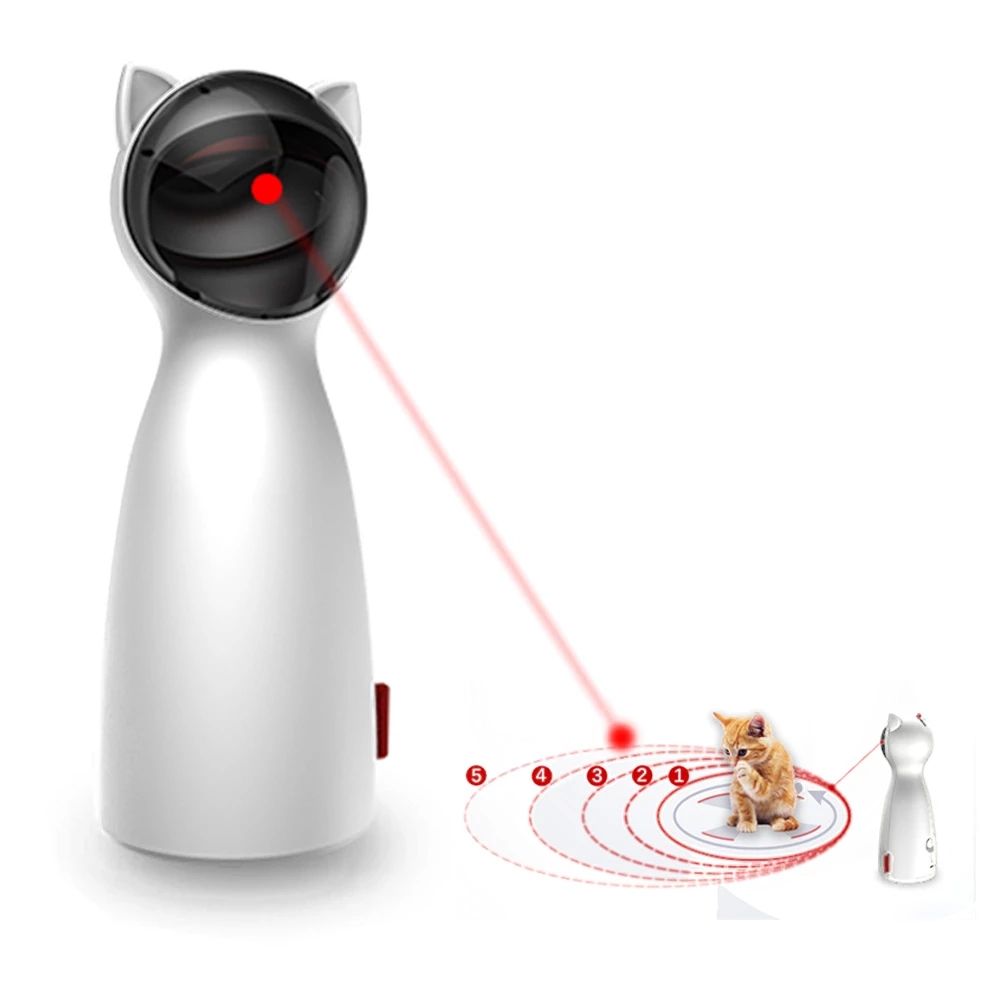 Juguete láser automático para gatos proyectando el punto rojo junto a un gato